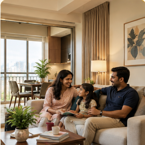 A family at home in their serviced Residences apartment