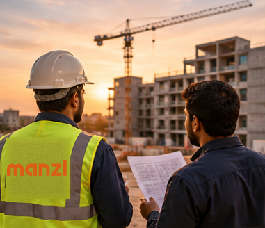 A Manzl site team reviewing plans at a property under construction