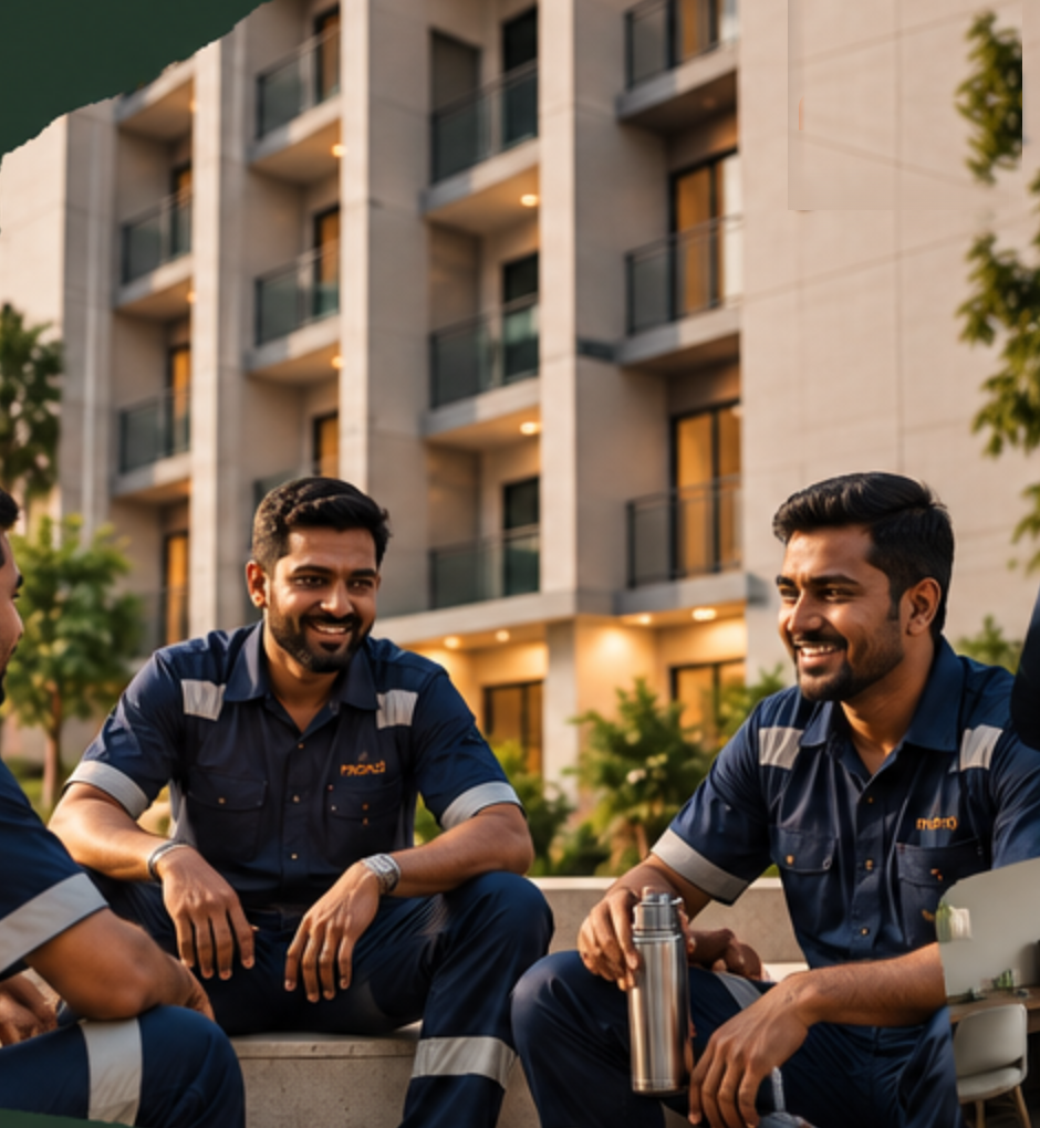 Three workers in uniform chatting on the steps of their Manzl campus at dusk