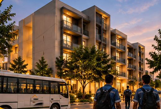 Workers arriving at a Manzl campus by shift bus