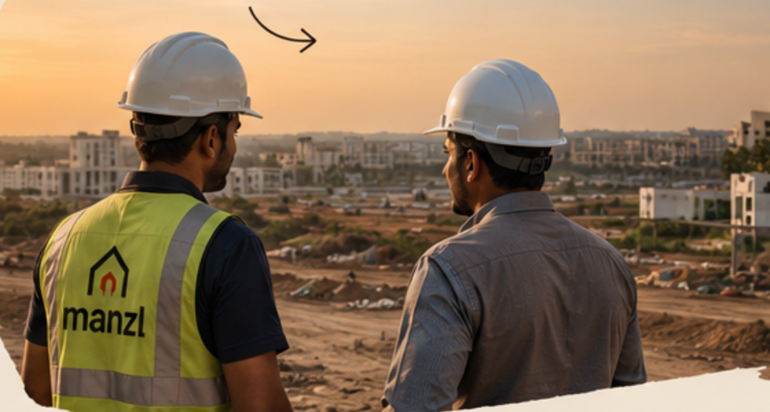 Two people in hard hats looking across a development site at sunset