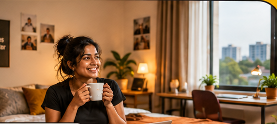 A resident with her chai at the desk by the window