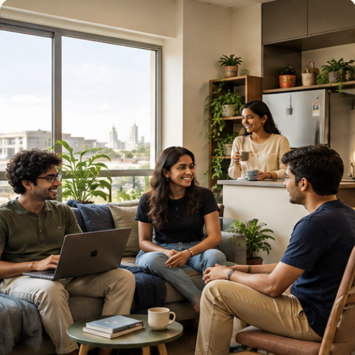 Professionals catching up in their shared Collective apartment