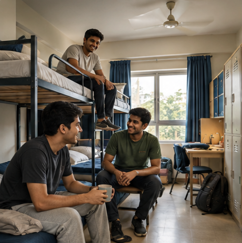 Roommates sharing chai in their hostel room